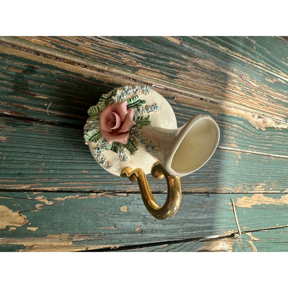 Vintage Capodimonte Style Ceramic Pitcher Vase Pink Rose Gold Handle A3803